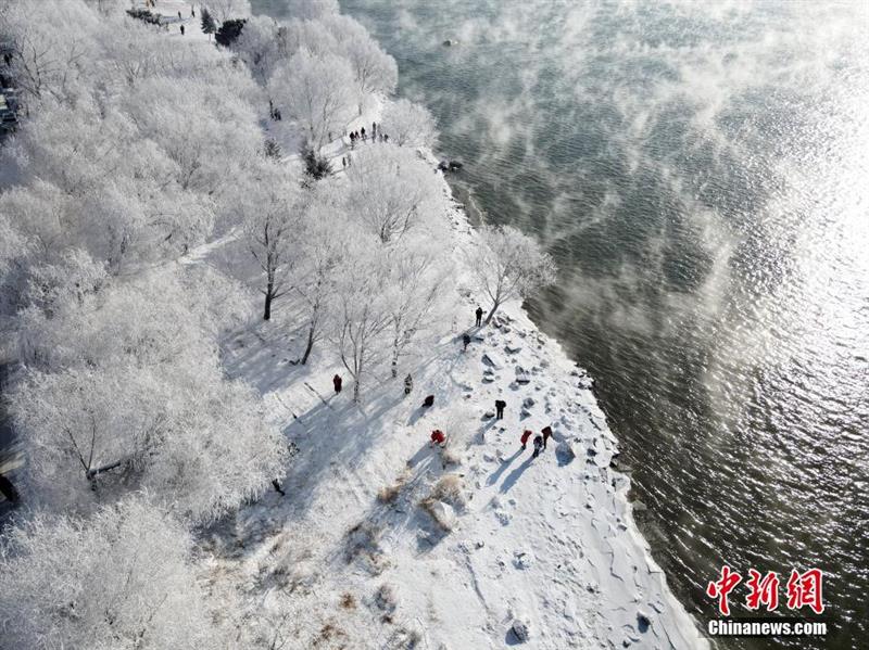 航拍松花江岸霧凇：玉樹瓊枝猶若仙境