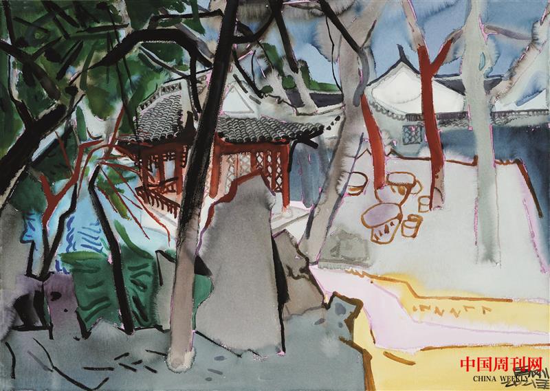 2021年周剛水彩畫——《綺園聽琴閣》尺寸75x105cm，2021年.jpg